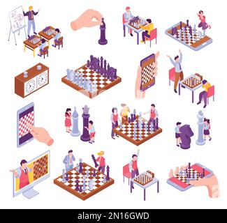 Jeu isométrique d'échecs avec chessboard joueurs en ligne les enfants apprennent à jouer l'illustration vectorielle isolée 3D Illustration de Vecteur