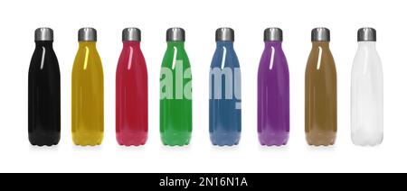 Jeu de flacons thermos modernes de différentes couleurs sur fond blanc. Bannière Banque D'Images