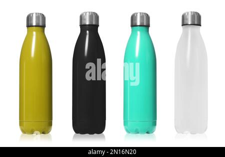 Jeu de flacons thermos modernes de différentes couleurs sur fond blanc Banque D'Images