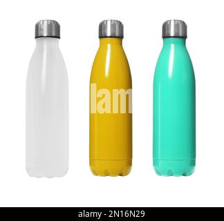 Jeu de flacons thermos modernes de différentes couleurs sur fond blanc Banque D'Images