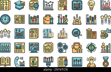 Les icônes de l'école de commerce définissent le vecteur de contour. Académie de l'argent. Ligne de couleur de l'éducation de la banque sur blanc isolé Illustration de Vecteur