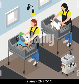 Arrière-plan isométrique de salon de toilettage avec composition de la vue intérieure avec des personnages féminins de travailleurs lavant des chiens illustration vectorielle Illustration de Vecteur