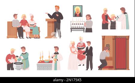 Icônes de dessin animé d'église chrétienne avec différents services de masse illustration vectorielle isolée Illustration de Vecteur