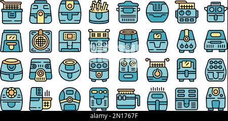 Les icônes de l'airfryer définissent le vecteur de contour. Boulangerie des frites. Cuire la ligne de couleur des aliments sur blanc isolé Illustration de Vecteur