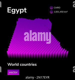 Égypte 3D carte. Vecteur isométrique au néon stylisé rayé la carte de l'Égypte est en violet et en rose sur fond noir Illustration de Vecteur