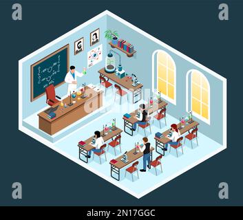 Composition isolée de classe de sciences isométriques avec décor de classe et professeur de chimie à l'école avec illustration vectorielle de tubes à essai Illustration de Vecteur