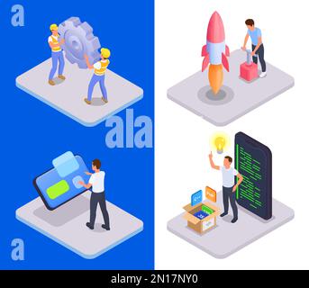 Jeu de quatre compositions carrées avec des icônes isométriques de développement d'applications mobiles de l'équipement de smartphone et de l'illustration de vecteur de personnes Illustration de Vecteur