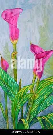 Peinture de lilas tropicales avec du lézard sur la tige en encre acrylique. Banque D'Images