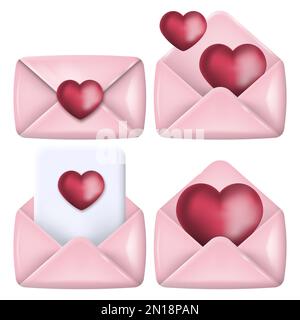 3d icône enveloppe courrier avec coeur rouge. Concept message en amour. Illustration vectorielle. SPE 10. Illustration de Vecteur