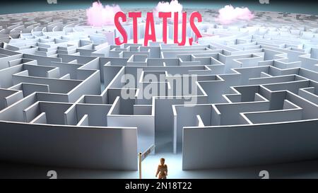 Une personne vulnérable devant un grand obstacle et un défi pour trouver un chemin vers le statut. Une lutte pour traverser un labyrinthe de difficultés et de proble Banque D'Images