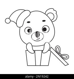 Page de coloriage mignon petit koala assis dans une boîte cadeau. Livre de coloriage pour enfants. Activité éducative pour les enfants d'âge préscolaire et les tout-petits avec de mignons anim Illustration de Vecteur