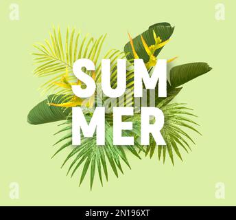 Motif vectoriel tropical d'été pour bannière ou prospectus avec feuilles de palmier exotiques, fleurs et typographie. Illustration de Vecteur