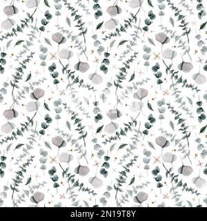 Motif d'eucalyptus argenté sans couture avec feuilles, branches et petites fleurs sur fond blanc pour des textiles et des tissus élégants Banque D'Images