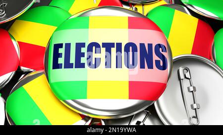 Mali et élections - des dizaines de boutons pinback avec un drapeau du Mali et un mot élections. 3D symboliser les prochaines élections dans ce pays.,3D Banque D'Images