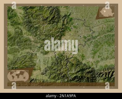 Alba, comté de Roumanie. Carte satellite basse résolution. Lieux des principales villes de la région. Cartes d'emplacement auxiliaire d'angle Banque D'Images