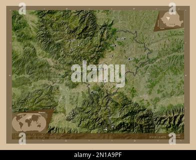 Alba, comté de Roumanie. Carte satellite basse résolution. Lieux et noms des principales villes de la région. Cartes d'emplacement auxiliaire d'angle Banque D'Images