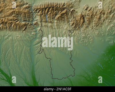 Arges, comté de Roumanie. Carte d'altitude en couleur avec lacs et rivières Banque D'Images