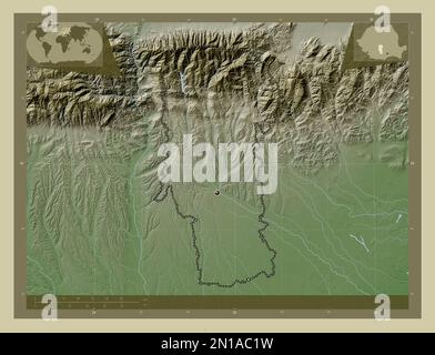 Arges, comté de Roumanie. Carte d'altitude colorée en style wiki avec lacs et rivières. Cartes d'emplacement auxiliaire d'angle Banque D'Images