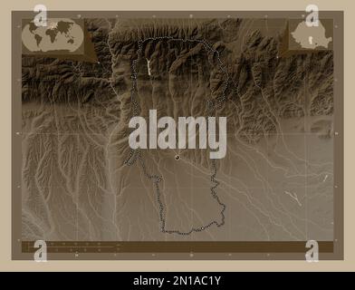 Arges, comté de Roumanie. Carte d'altitude colorée en tons sépia avec lacs et rivières. Cartes d'emplacement auxiliaire d'angle Banque D'Images