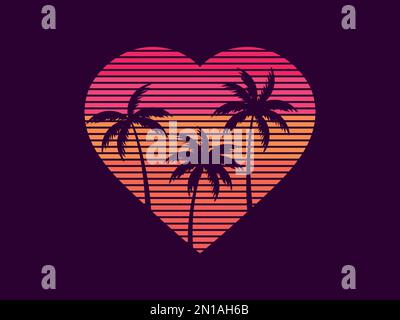 Coeur avec palmiers dans le style du 80s pour la Saint-Valentin. Coeurs futuristes rétro avec palmiers en forme de vague de synthwave. Design pour le plat Illustration de Vecteur