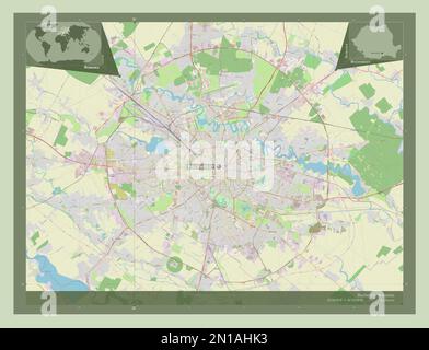 Bucarest, municipalité de Roumanie. Ouvrez la carte des rues. Lieux et noms des principales villes de la région. Cartes d'emplacement auxiliaire d'angle Banque D'Images
