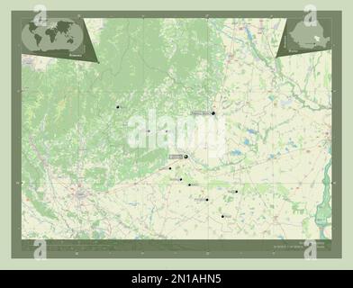 Buzau, comté de Roumanie. Ouvrez la carte des rues. Lieux et noms des principales villes de la région. Cartes d'emplacement auxiliaire d'angle Banque D'Images