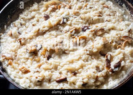 Risotto aux champignons sauvages, plat italien à base de riz Arborio. Banque D'Images