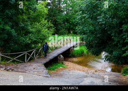 Pèlerin marchant sur le pont en bois au-dessus de la rivière le long de la Camino de Santiago ou chemin de Saint James Banque D'Images