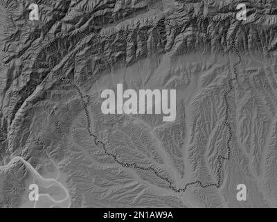Gorj, comté de Roumanie. Carte d'altitude en niveaux de gris avec lacs et rivières Banque D'Images