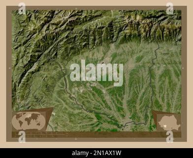 Gorj, comté de Roumanie. Carte satellite basse résolution. Cartes d'emplacement auxiliaire d'angle Banque D'Images