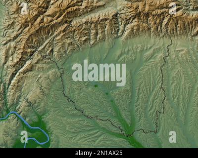 Gorj, comté de Roumanie. Carte d'altitude en couleur avec lacs et rivières Banque D'Images