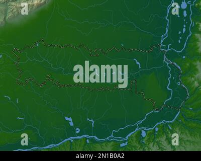 Ialomita, comté de Roumanie. Carte d'altitude en couleur avec lacs et rivières Banque D'Images