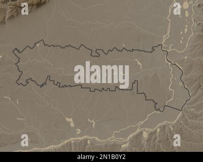 Ialomita, comté de Roumanie. Carte d'altitude colorée en tons sépia avec lacs et rivières Banque D'Images