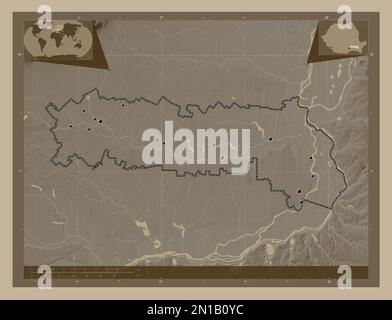 Ialomita, comté de Roumanie. Carte d'altitude colorée en tons sépia avec lacs et rivières. Lieux des principales villes de la région. Emplacement auxiliaire de coin Banque D'Images