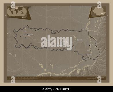 Ialomita, comté de Roumanie. Carte d'altitude colorée en tons sépia avec lacs et rivières. Lieux et noms des principales villes de la région. Angle aux Banque D'Images
