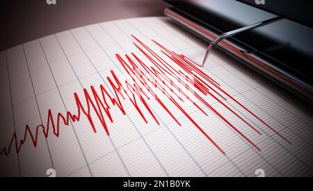 Données sismographiques d'un grand tremblement de terre. Ondes sismiques sur la page de rapport. 3D illustration. Banque D'Images