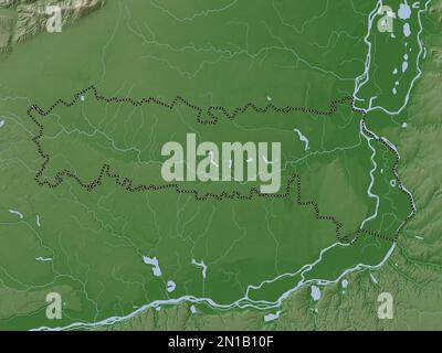 Ialomita, comté de Roumanie. Carte d'altitude colorée en style wiki avec lacs et rivières Banque D'Images