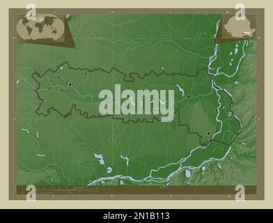 Ialomita, comté de Roumanie. Carte d'altitude colorée en style wiki avec lacs et rivières. Lieux des principales villes de la région. Emplacement auxiliaire du coin Banque D'Images