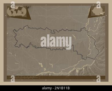Ialomita, comté de Roumanie. Carte d'altitude colorée en tons sépia avec lacs et rivières. Cartes d'emplacement auxiliaire d'angle Banque D'Images