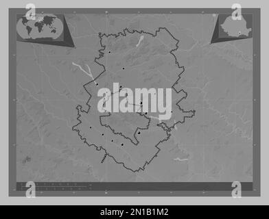 Ilfov, comté de Roumanie. Carte d'altitude en niveaux de gris avec lacs et rivières. Lieux des principales villes de la région. Cartes d'emplacement auxiliaire d'angle Banque D'Images