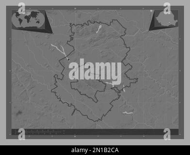 Ilfov, comté de Roumanie. Carte d'altitude à deux niveaux avec lacs et rivières. Cartes d'emplacement auxiliaire d'angle Banque D'Images