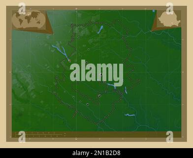 Ilfov, comté de Roumanie. Carte d'altitude en couleur avec lacs et rivières. Lieux des principales villes de la région. Cartes d'emplacement auxiliaire d'angle Banque D'Images