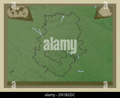 Ilfov, comté de Roumanie. Carte d'altitude colorée en style wiki avec lacs et rivières. Cartes d'emplacement auxiliaire d'angle Banque D'Images