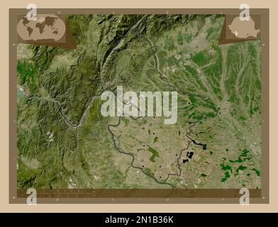 Mehedinti, comté de Roumanie. Carte satellite basse résolution. Lieux des principales villes de la région. Cartes d'emplacement auxiliaire d'angle Banque D'Images