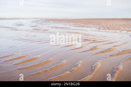 Eau vue à marée basse sur la plage à Ainsdale piégée entre les régimes naturels d'ondulation dans le sable. Banque D'Images