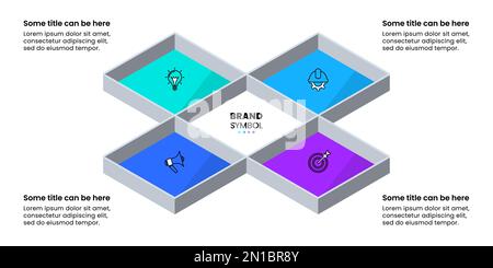 Modèle d'infographie avec icônes et 4 options ou étapes. Cubes isométriques. Peut être utilisé pour la mise en page de flux de travail, le diagramme, la bannière, la conception Web. Vecteur illustrat Illustration de Vecteur