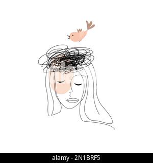 Une fille frustrée avec un nid et un oiseau dans sa tête. Concept de stress et de dépression. Illustration vectorielle isolée, style de ligne continue Illustration de Vecteur