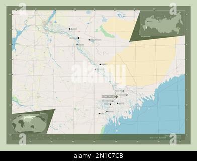 Astrakhan', région de Russie. Ouvrez la carte des rues. Lieux et noms des principales villes de la région. Cartes d'emplacement auxiliaire d'angle Banque D'Images
