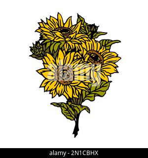 Bouquet de fleurs de tournesol. Bouquet rustique de tournesols jaunes et de feuilles vertes isolées sur fond blanc. Illustration vectorielle Illustration de Vecteur