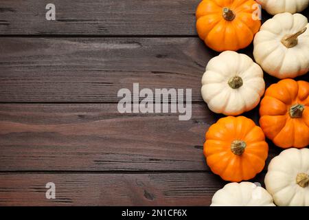 Beaucoup de citrouilles blanches et orange sur table en bois, plat. Espace pour le texte Banque D'Images